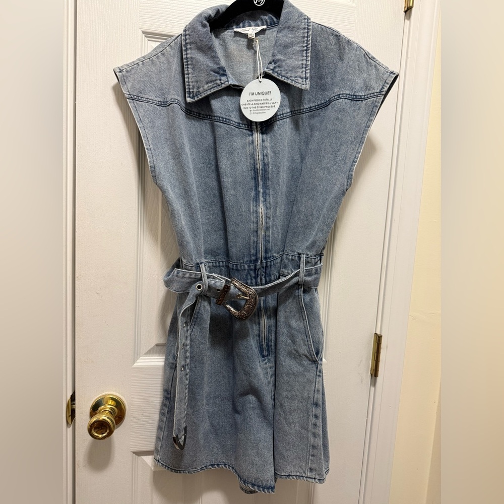 NEW CLOUD TEN zip-up silver belted denim romper Large NWT